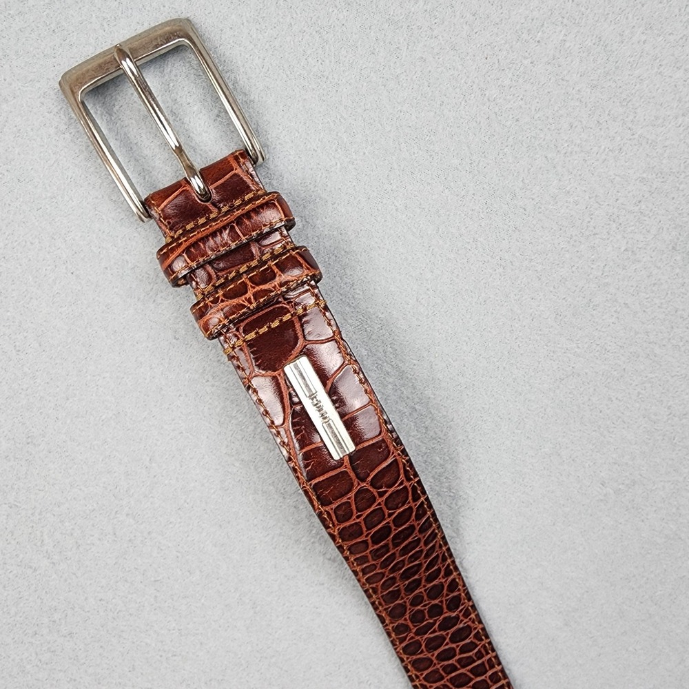 Polo Ralph Lauren Belt Mens Size 42 Brown Leather Croc Embossed Dress Buckle - Picture 8 of 10